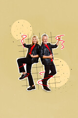 Vertical collage image of excited positive two aged people enjoy dancing isolated on drawing background