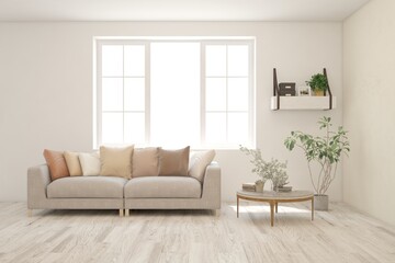 White living room with sofa. Scandinavian interior design. 3D illustration