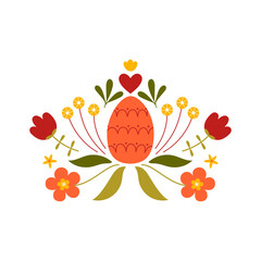 Easter design with colored egg and flowers. Template for poster, greeting card, invitation or postcard.