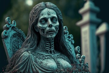 Zombie Woman on the Cemetery. Generative AI, non-existent person.	
