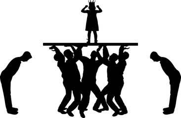 Crowd of servants is holding and worshiping a selfish child girl standing on a pedestal with a crown. Vector Silhouette