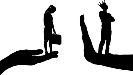 A distressed woman on a begging hand and an arrogant man with a crown standing on the stop hand. Vector Silhouette
