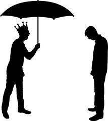 Selfish man with a crown holding an umbrella laughs at another man in the rain. Vector Silhouette