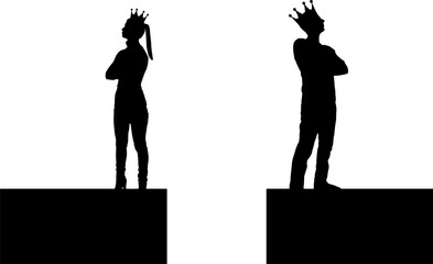 Precipice between a selfish man and a woman with a crown on his head, they stand with their backs to each other. Vector Silhouette