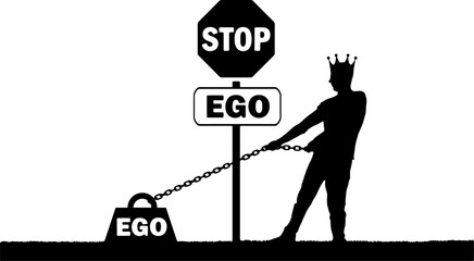 Silhouette of a selfish man with a crown on his head draws a heavy load - the ego and the stop sign of the ego. Vector Silhouette