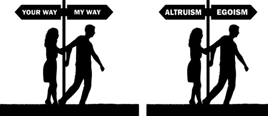 Silhouette of an egotistic man and a woman who tries to stop him so that he does not abandon her. Vector Silhouette