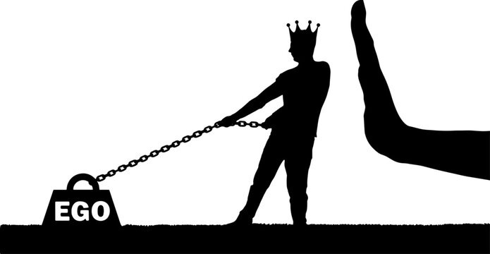 Silhouette of a selfish man with a crown on his head draws a heavy load - the ego and a large hand stop it. Vector Silhouette