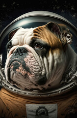 Generative AI illustration of English bulldog dog dressed as an astronaut
