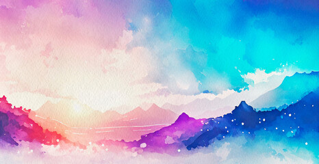 Obraz premium Abstract watercolor multicolor colorful illustration mountain hills. Acrylic landscape with sky, blue and purple clouds