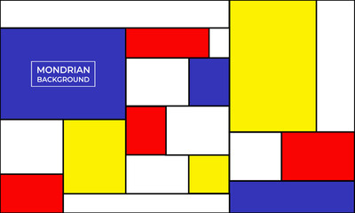 Mondrian art style abstract pattern red blue yellow white background