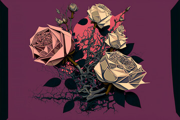 abstract deconstructed pink roses lowbrow pop surrealist style background,generative ai.