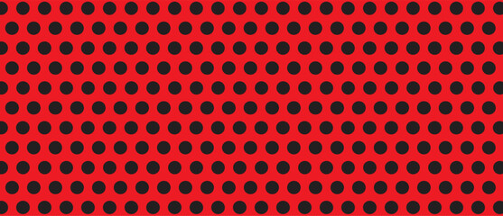 Black polka dot pattern on red background. Straight dot pattern for backdrop and wallpaper template. Simple classic polka dot lines with repeat stripes texture. Polka background, vector illustration