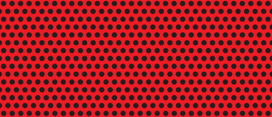 Black polka dot pattern on red background. Straight dot pattern for backdrop and wallpaper template. Simple classic polka dot lines with repeat stripes texture. Polka background, vector illustration