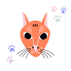 Cartoon hand drawn cat face with paws. Vector cute illustration of pet head
