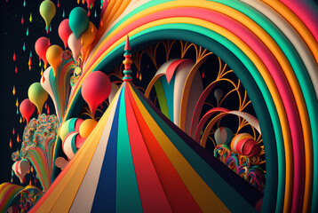 abstract fantasy 3d rainbow carnival deign on dark background,generative,ai.