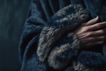  a woman's hand wrapped in a blue fur coat with a ring on her finger and a ring on her finger on her left hand.  generative ai