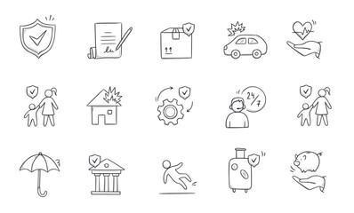 Insurance doodle icon set. Hand drawn sketch life shield, insurance umbrella, medical safety icon set. Health safety, car accident, house protect vector illustration. © Polina Tomtosova