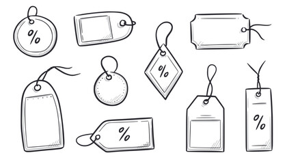 Price tag, gift label doodle element set. Price tag ribbon, discount label hand drawn sketch doodle style. Sale, present offer frame element. Vector illustration.