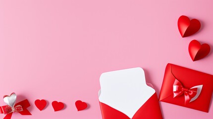 Fondo de San Valentín con sobre, tarjeta de papel y corazones rojos para un mensaje de amor romántico, IA Generativa