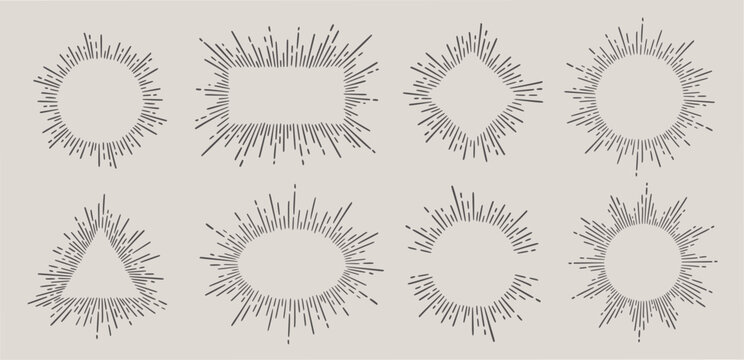 Sunburst ray vintage frame element set. Star burst ray hand drawn shine, hipster badge, logotype circle decoration frame. Vector illustration.