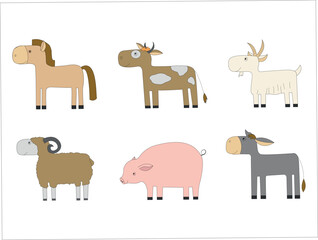 Farm animals set in flat style, isolated on white background. Cute cartoon animals collection: sheep, goat, cow, donkey, horse, pig. Vector illustration for the design of children's educational toys.
