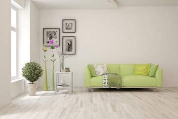 White living room with sofa. Scandinavian interior design. 3D illustration