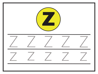 Trace letters Z uppercase and lowercase. Alphabet tracing practice preschool worksheet for kids learning English. Activity page for Pre-K, kindergarten. Vector illustration