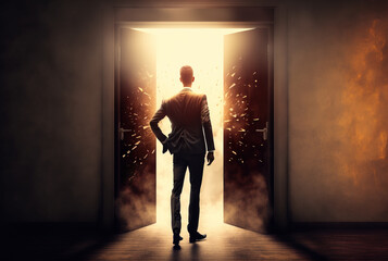 New opportunities concept, Businessman standing in front of open door, Generative AI illustration
