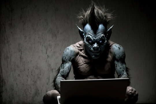 Internet troll using laptop. Generative AI illustration