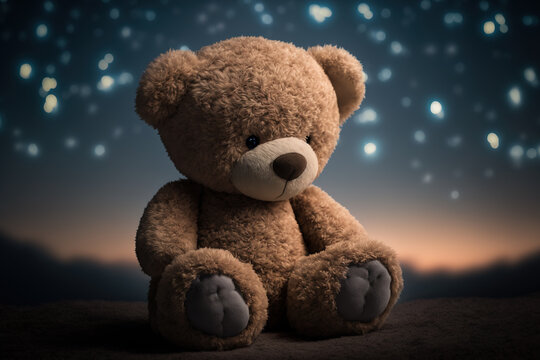 Sad Plush teddy bear in front of starry sky at night, Generative AI illustration
