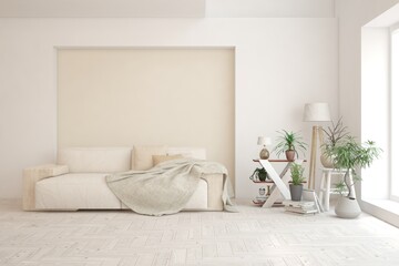 Stylish room in white color with sofa. Scandinavian interior design. 3D illustration