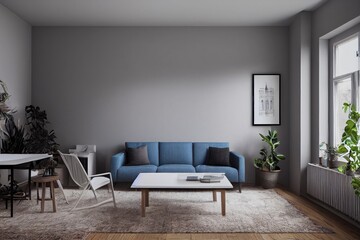 Fototapeta premium mock up poster frame in boho interior background, wooden living room design, Scandinavian style. Generative AI illustration