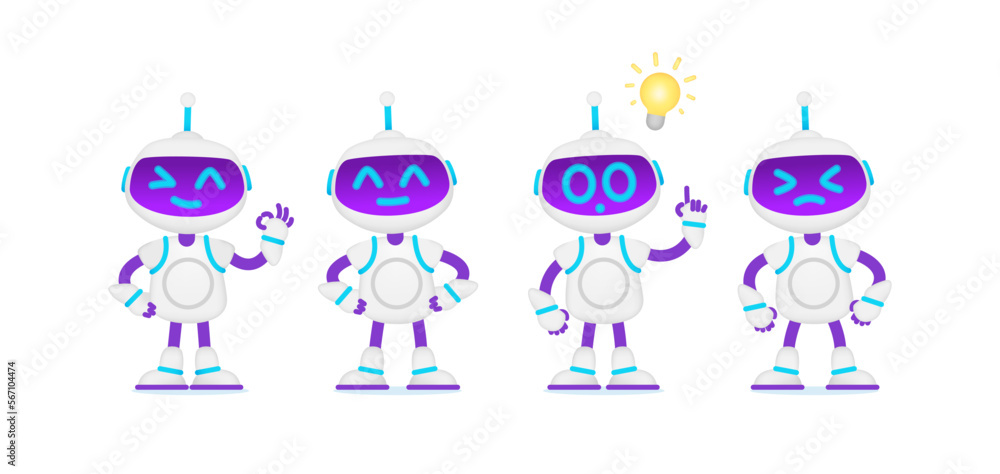 Poster funny robot assistant character design with emotions set. funny robot for company brand mascot. robo