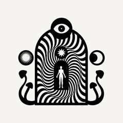 Vector minimalistic placard with illustration of woman and mushrooms. Creative abstract artwork with hand drawn silhouette . Template for card, poster, banner, print for t-shirt, pin, badge, patch.