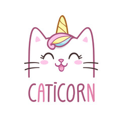 Kitten Unicorn face with "I am Caticorn" slogan for kids print design. Magic Cat or Kitty Face Isolated vector illustration