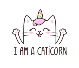 Cute Cat Unicorn character. Cartoon Kitten with "I am Caticorn" slogan for kids print design. Magic Kitty Isolated vector illustration