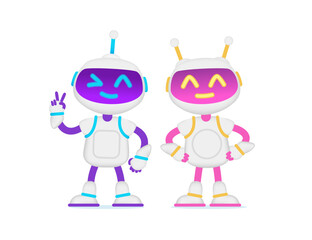 Trendy flat style Robot boy and Girl character design. Funny Robot cartoon  for company Brand Mascot. Robot Girl assistant for web site design. Editable vector