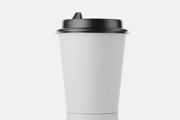 White paper cup mockup for your design. White disposable machine with black plastic lid. White disposable cup mockup. 3d render.