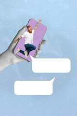 Vertical collage image of black white gamma arm hold telephone display excited overjoyed guy raise...