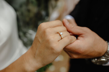 wedding rings on hands of groom, bride and groom holding hands. 