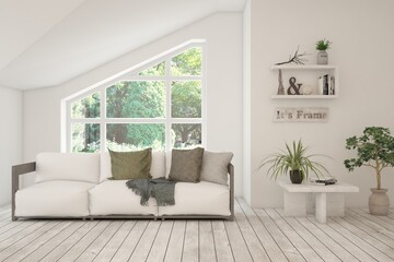Fototapeta premium White living room with sofa and summer landscape in window. Scandinavian interior design. 3D illustration