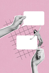 Vertical collage image of two arms fingers black white effect hold empty space dialogue bubble mini...