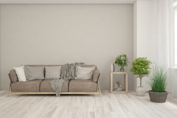 White living room with sofa. Scandinavian interior design. 3D illustration