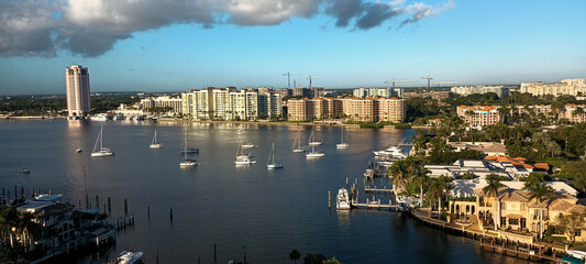 City Boca Raton Florida, ocean bay, sea, yachts and boats. 