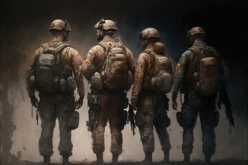 Soldiers, War, Sacrifice and Heroes. Brave veteran back view. Generative AI