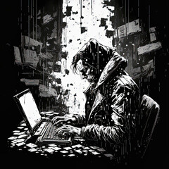 Black and white Cartoon drawing of a hacker - generative ai