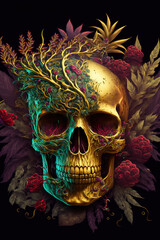 Skull and flowers on a black background. AI
