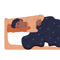 National Bed Month. A person lies under a blanket, sleeps and dreams in bed. Sleeping lonely man, bedtime concept. Vector flat illustration isolated on white.