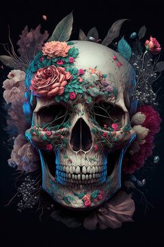Skull and roses on a black background. AI

