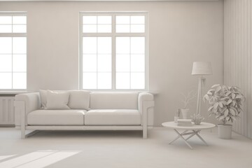 White minimalist living room with sofa. Scandinavian interior design. 3D illustration